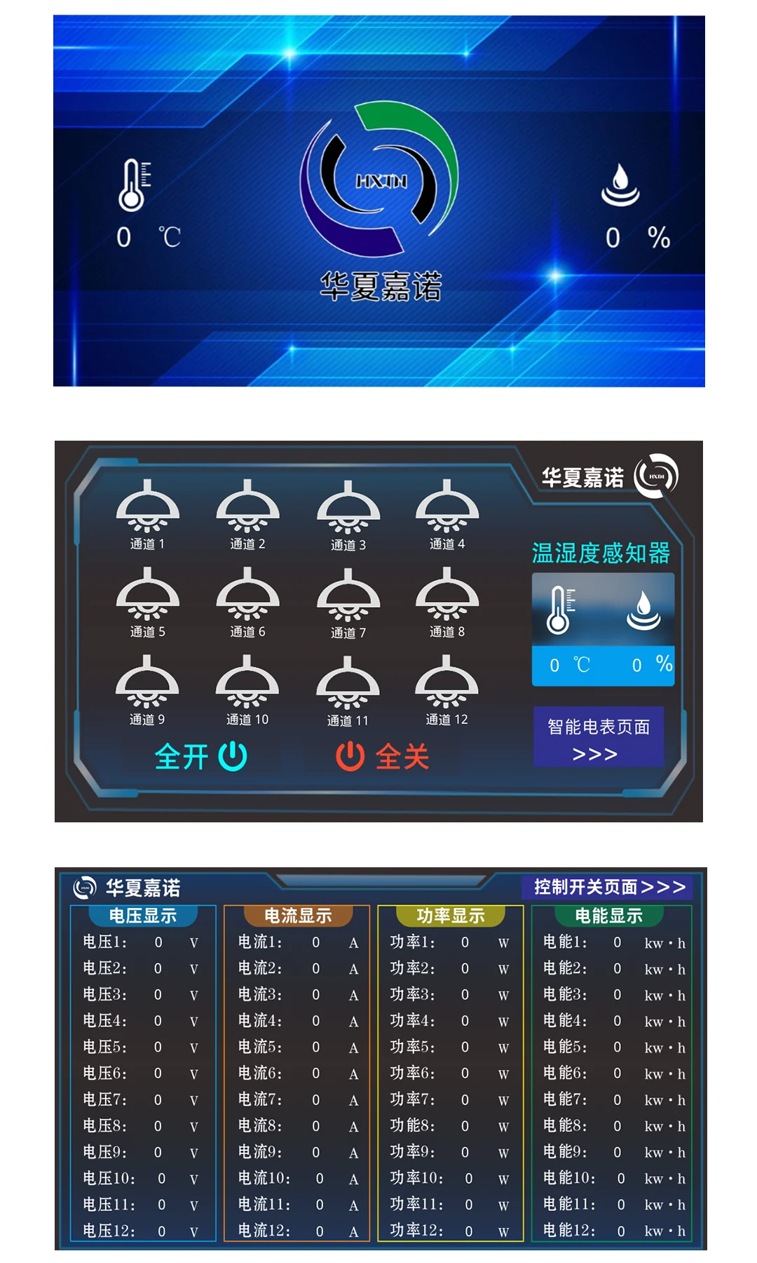 ZMLCD触摸屏照明控制、温湿度与能耗数据显示界面