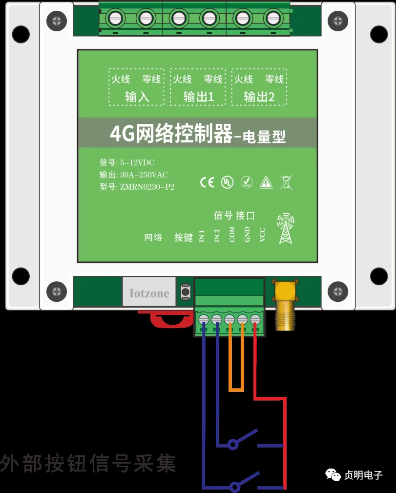 ZMRN0230-P2两路外部开关量输入接线示意