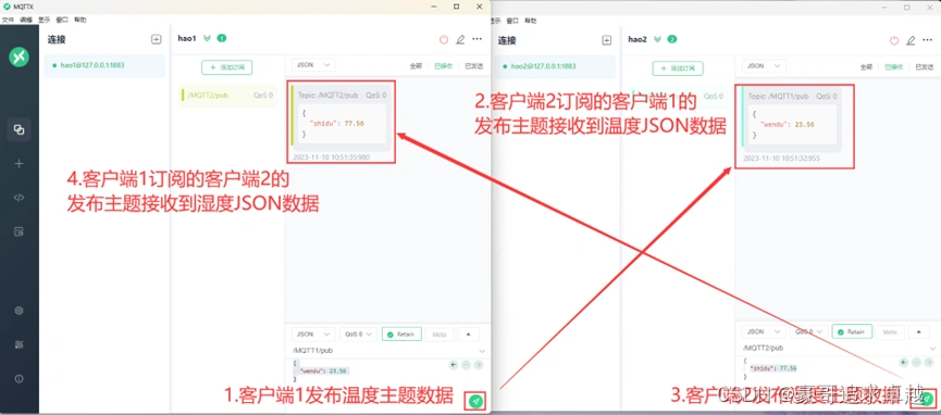 两个MQTTX客户端的消息发布与订阅界面